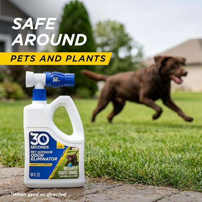30 SECONDS Outdoor Odor Eliminator for Pets, Dogs, For Grass, Turf, Lawns, Kennels & Dog runs, Enzyme Cleaner Hose Sprayer with Concentrate Refill (64 Oz Hose End Sprayer & 1 Gallon Refill Bottle)