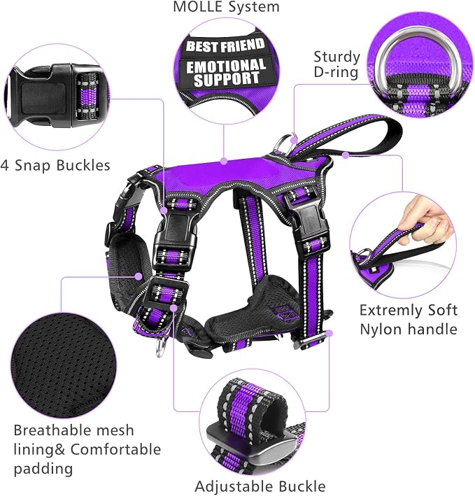 WINSEE Pet Harness Collar and Leash Set, All-in-one Reflective Dog Harness No Pull with Adjustable Buckles for Puppies, Small, Medium, Large, and Extra-Large Dogs (Medium, Purple)