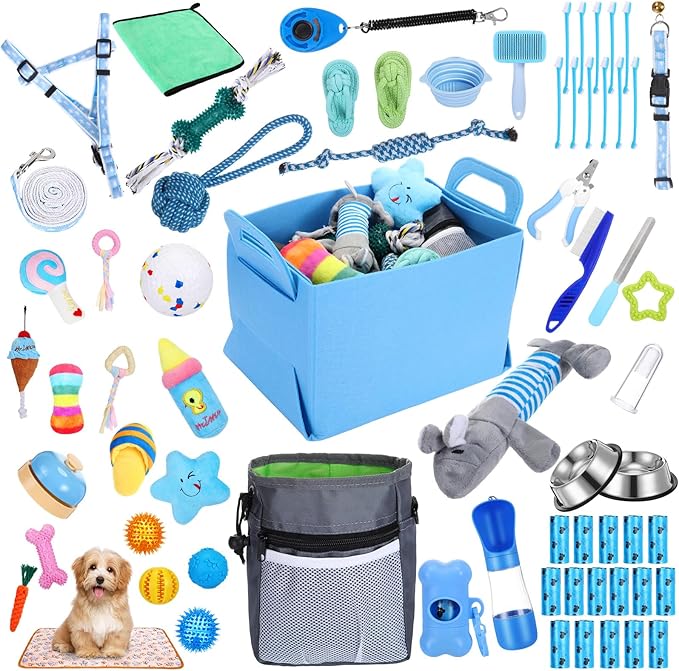 65 Pcs Puppy Supplies Starter Kit Small Dog Essentials Includes Dog Leash, Toys, Bowl, Brushes, Water Bottles, pet Blankets Puppy Accessories for New Welcome Gift Supplies(Cool,Blue)