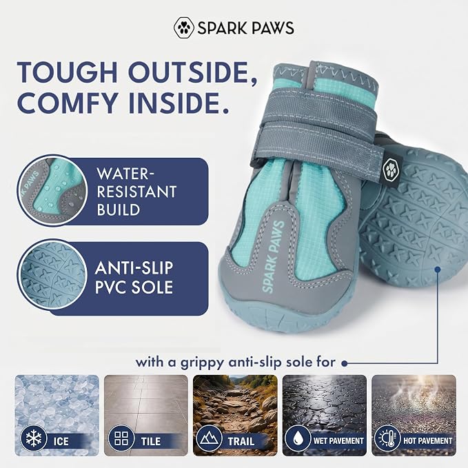 Spark Paws 365 Dog Shoes - All-Season Boots for Winter Snow & Hot Pavement | Water-resistant, anti-slip, stay-on straps - rain, ice & summer booties in one. Reflective; small, medium & large dogs