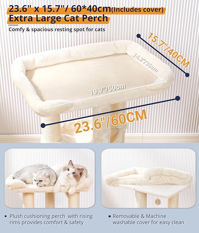 Happi N Pets Cat Tree, Cat Scratching Posts with Large Bed for Big Cats | Small Cat Tower, 28" Tall For Window Viewing, 23.6"x15.7" Cat Perch Bed, Cat Hammock, Removable Cover, Solid Structure, Beige