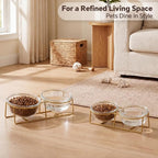 Elevated Dog Bowl Set of 2 - Double Glass Bowls with Gold Iron Stand - Raised Dishes Comfortable Feeding - Ideal for Small to Medium Sized Dogs