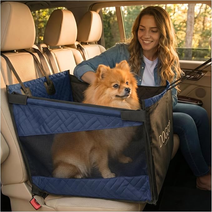 Dog Car Seat for Small & Medium Dogs up to 35 lbs – Hard Bottom Booster with Safety Tether, Non-Slip Waterproof Oxford Fabric, Storage Pockets, Fits Cars, SUVs & Trucks (Blue, Up to 35 lbs)