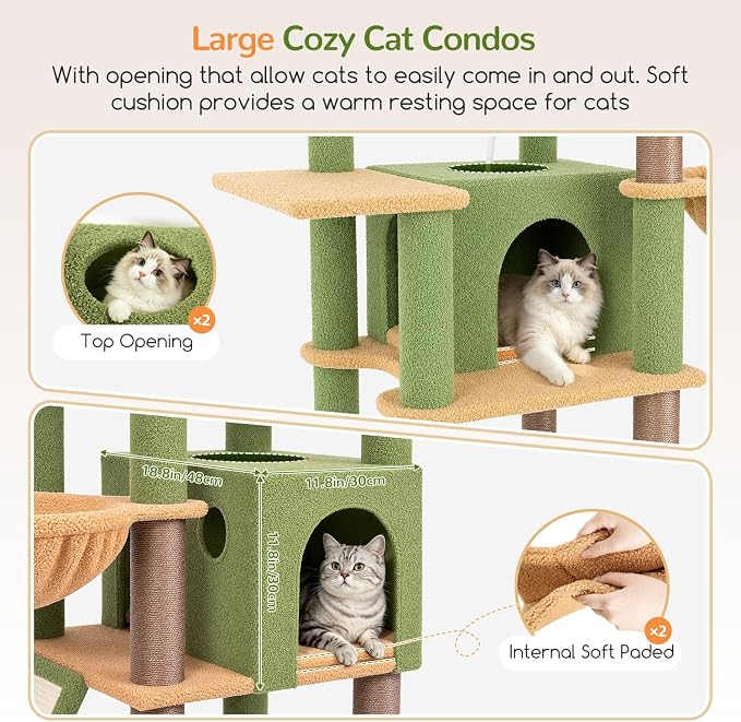 Globlazer Extra Large Cactus Cat Tree, 78 inch Sturdy Tall Cactus Cat Tree Tower for Indoor Multiple Large Adult Cats Kittens with 6 Scratching Posts, Enlarged Top Perch, 2 Padded Condos, S78G, Green