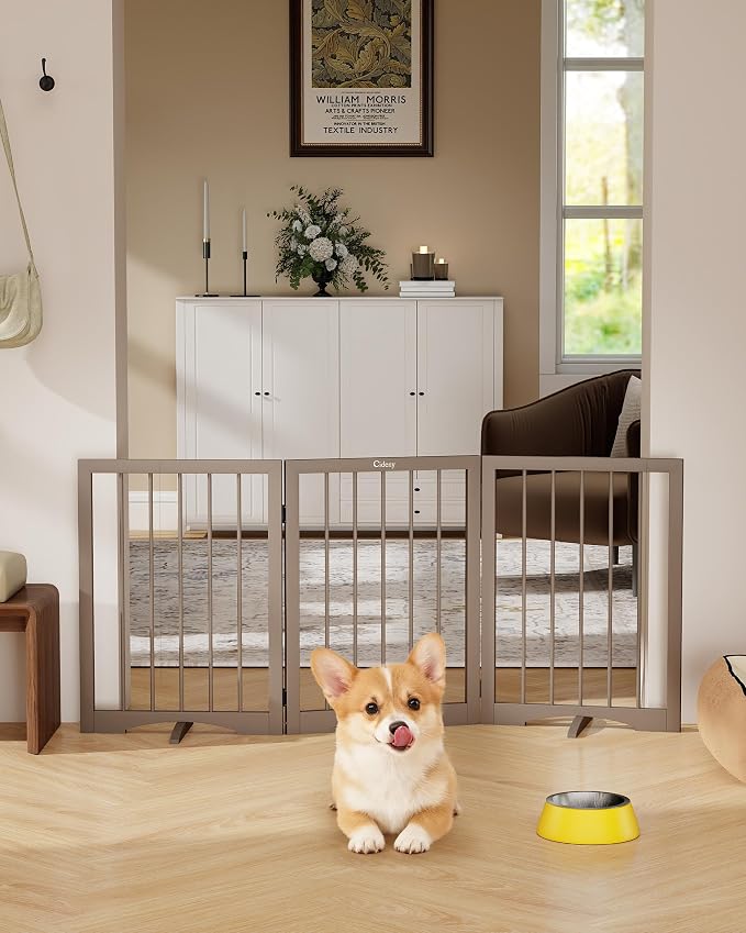 Free Standing Dog Gate Indoor, Foldable Dog Gate for Doorways Stairs | 3-Panel Freestanding Pet Gate with Support Feet for Stability, Folding Puppy Gate Easy to Move, Doggy Gate 54"x24", Brown