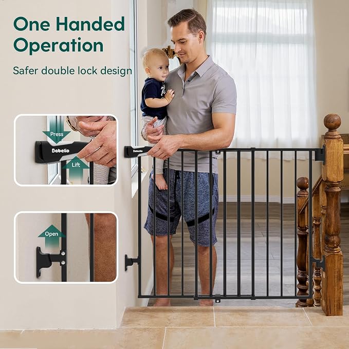 Babelio No Bottom Bar Baby Gate, 28" H x 26-43" W, Black | Easy Install| One-handed Opening| Auto-close| Drill Needed Indoor Safety Dog/Pet Gate for Stairs, Hallways & Doorways