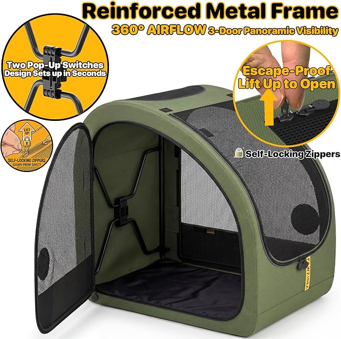 PAWZIDEA Portable Dog Crate for Car Travel, Collapsible Pet Travel Crates for Medium & Large Dogs Up to 80lbs, Enclosed Soft-Sided Car Kennel Carrier for Backseat, Secures w/Seatbelt & Headrest Strap