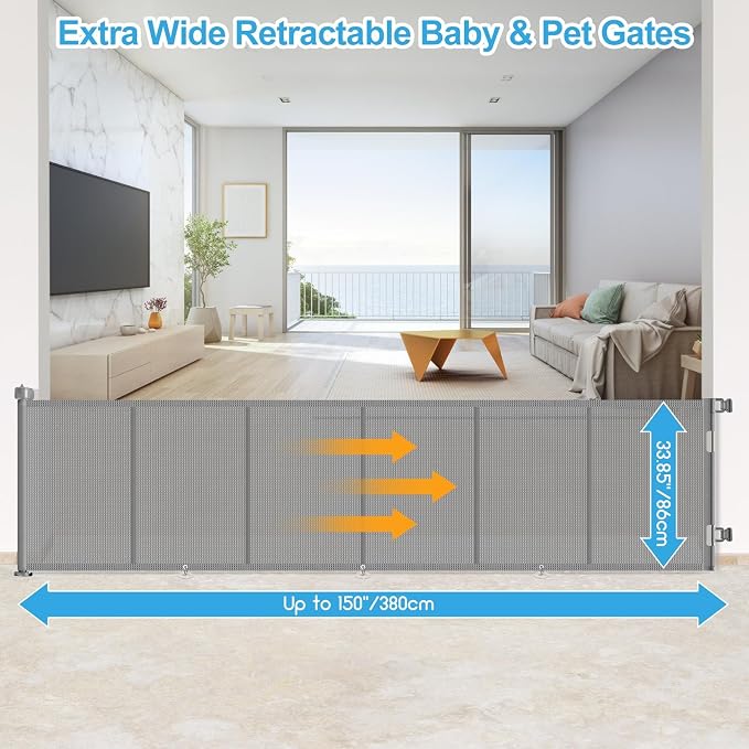 EZIGO 150 Inch Retractable Baby Gates Extra Wide Reinforced Baby Dog Gate | 34 Inch Tall Retractable Dog Gate with Reinforced Strip Mesh Safety Pet Gate for Stairs Hallway Doorway Indoor Outdoor, Gray