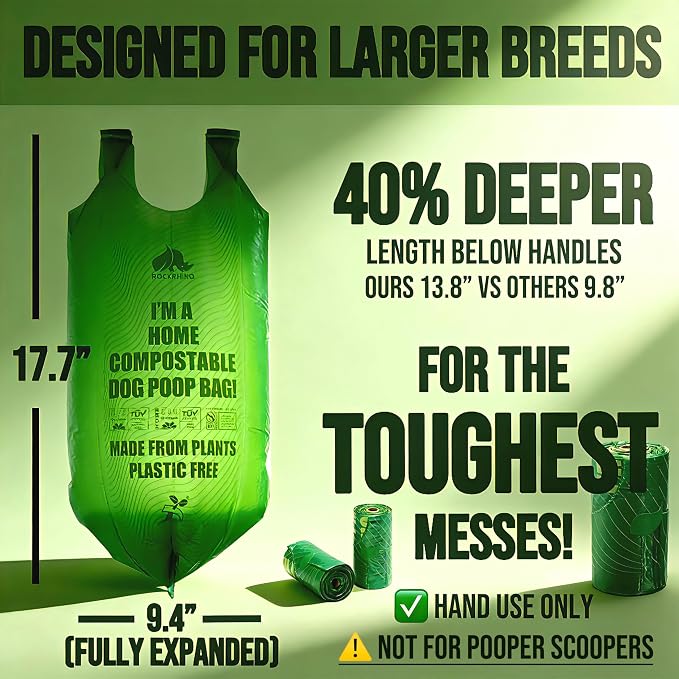 Ultra Thick & Deep RockRhino Dog Poop Bags for Large & XL Dogs | 4-Layer Interlocked Bottom, Certified Compostable | Vanilla Scent, 60 Bags, Easy Open Tie Handles | Fits Holder, Not Scooper