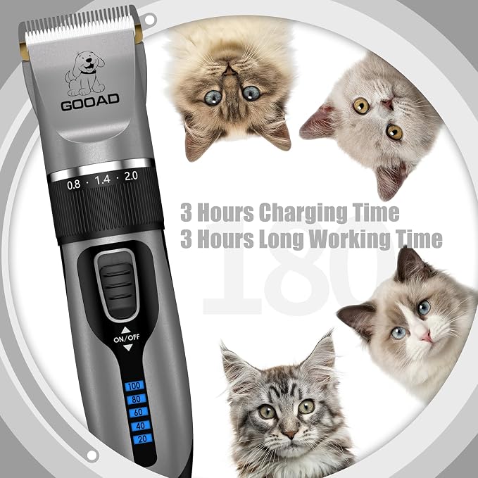 Quiet Cat Clippers & Cat Grooming Kit for Matted & Long Hair | 250Min Cordless Pet Shaver, Low Noise Pet Hair Trimmer for Grooming,2in1 Wide & Narrow Blades,4 Combs,Scissors & Glove(Gray)