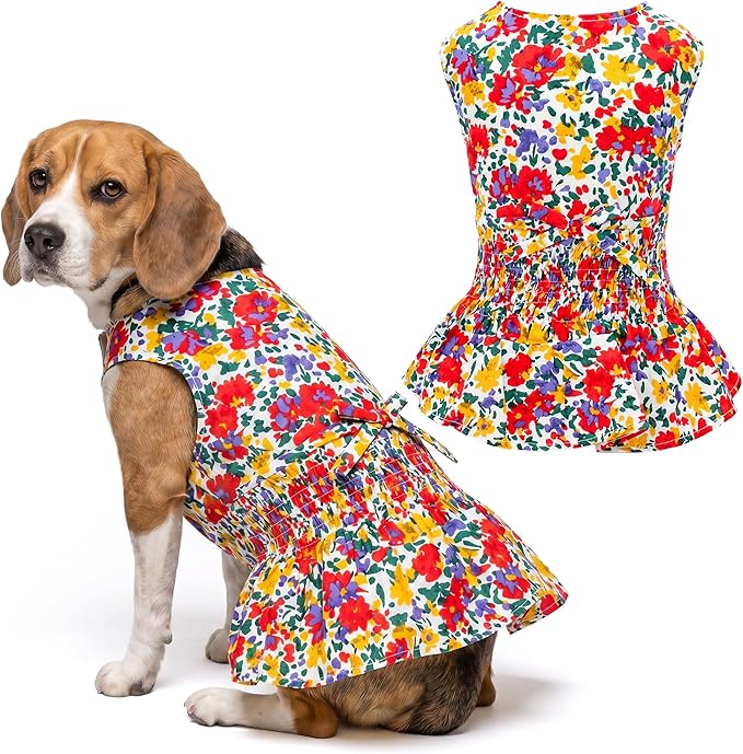 Parisian Pet Floral Dog Dress - 100% Cotton Summer Clothes for Large Dogs Girl - Ruched Waist Pet Dress - Stylish Printed Beach Dog Outfit - Lightweight Puppy Clothes - Sleeveless Dresses for Dogs