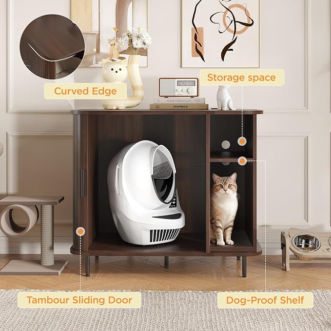 Large Litter Box Enclosure with Charging Station for Automatic Litter Box & Cat Robot 3/4, Hidden Litter Box Furniture with Dog-Proof Shelf, Scratch Pad, Wooden Cat Box Enclosure, Walnut