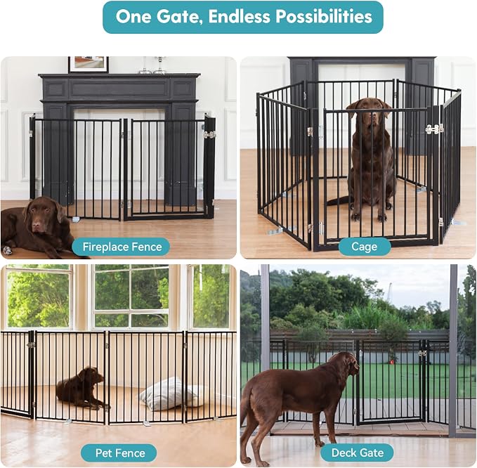 No Pawblems Full Metal Freestanding Dog Gate with Door, 30" Tall | Foldable Pet & Dog Fence for Stairs/Deck/Doorways, Indoor/Outdoor, Freestanding & Wall Mount, 104" Wide, 4 Panels, Black