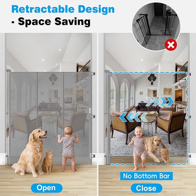 Reinforced 65" Extra Tall Baby Gate for Doorway, Jump-Resistant & Prevent Crawling Underneath Retractable Pet Gates Extra Tall, 0-55" W Retractable Dog Gate for Pets, Dogs, Cats, Puppies, Babies, Gray