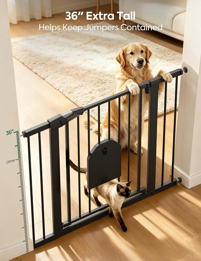 Babelio 36" Tall Baby Gate with Adjustable Cat Door, CatPrivilege I, 29-43" | Auto Close, Safety Gate for Stairs, Easy Walk Thru with Pet Door, Includes 4 Wall Cups and 3 Extension Pieces, Black