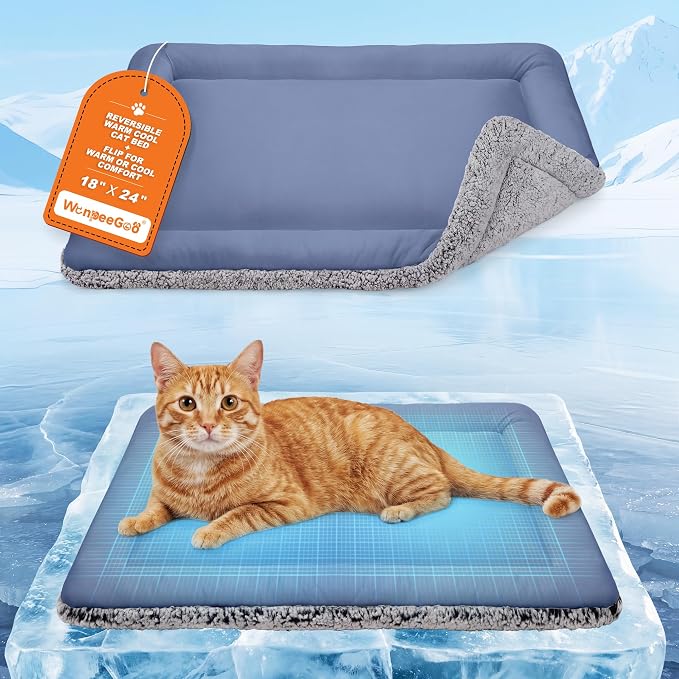 Cooling Mat for Cats, Reversible Self Warming Cat Bed, Dark Blue, 18x24 In | Cool-Touch Ice Silk Side, Plush Fleece Warm Side, Heat-Reflective Foil for Indoor Cats, Kittens, Small Dogs and Crates
