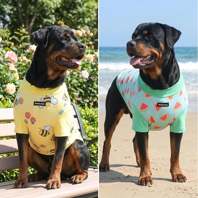 Spark Paws Sunblock Dog T-Shirt, SPF30 Protection, Lightweight Breathable Quick Dry for Dogs with Sensitive Skin - Bees & Watermelon (Set of 2) - Size XL