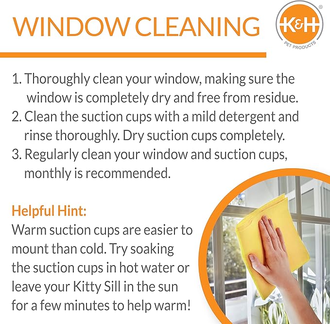 K&H Cat Window Perch Bed, EZ Mount Kitty Face, 27x11x6in, Gray | Sturdy Cat Window Hammock with Strong Suction Cups, Washable Sleeping Pad, Fits 30in W X 15in H Glass Spaces