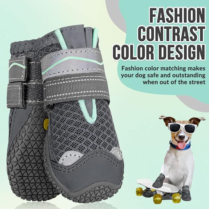 SlowTon Dog Shoes for Large Small Medium Dogs - Breathable Dog Boots for Summer Hot Pavement, Paw Protector for Outdoor Walking Winter Snow, Anti-Slip Rubber Dog Booties for Hardwood Floor (GY, 7)
