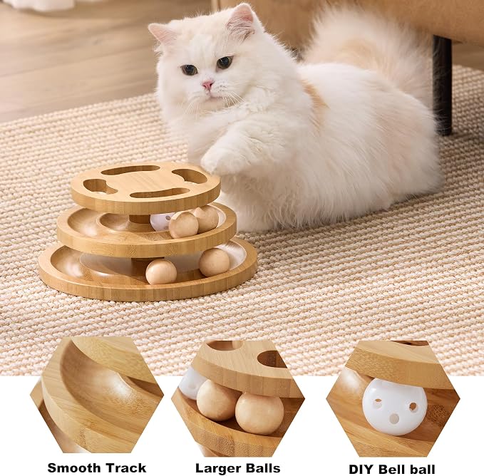 ZOMISIA Cat Ball Track Toy with Puzzle Top, Wooden Cat Toys for Indoor Cats | Interactive Kitty Ball Tower with Spinning Balls, DIY Bell, For Kitten Exercise Mental Stimulation Self Play Home Enrichment