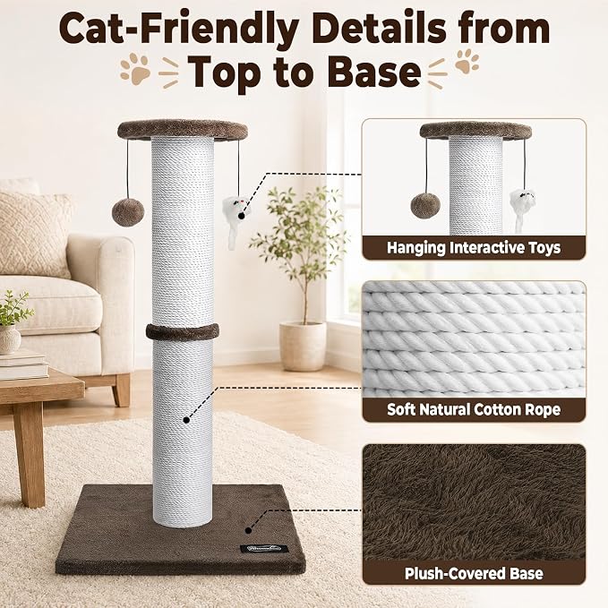 34-Inch Tall Cat Scratching Post for Large Cats, Stable Base, Brown | Heavy-Duty Cat Scratcher, Extra-Tall Thick Post, Soft Natural Cotton Rope, Hanging Interactive Cat Toys, Indoor Cat Furniture