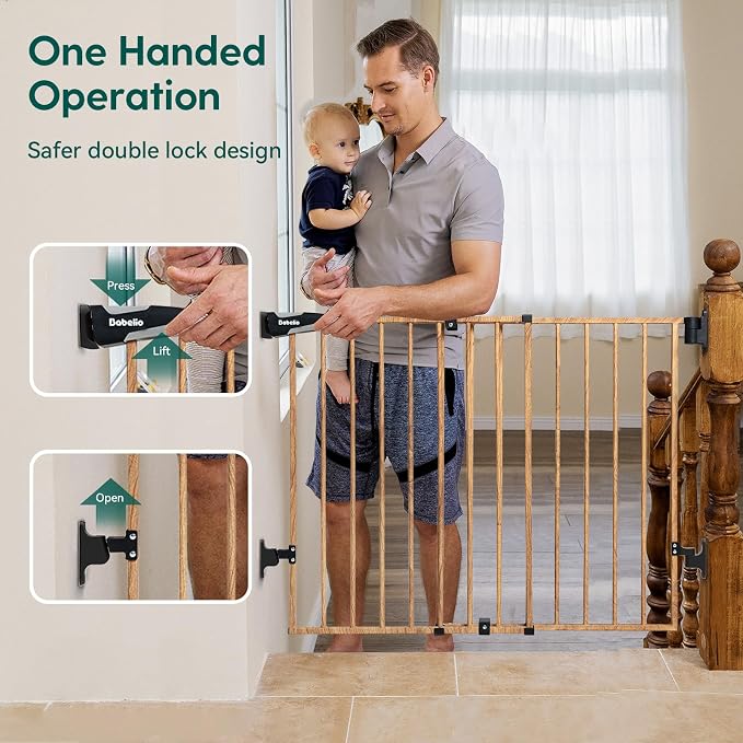 Babelio 34" Extra Tall No Bottom Bar Baby Gate, 26-43", Brown Wood Pattern | Easy Install| One-handed Opening| Auto-close| Drill Needed Indoor Safety Dog/Pet Gate for Stairs, Hallways & Doorways