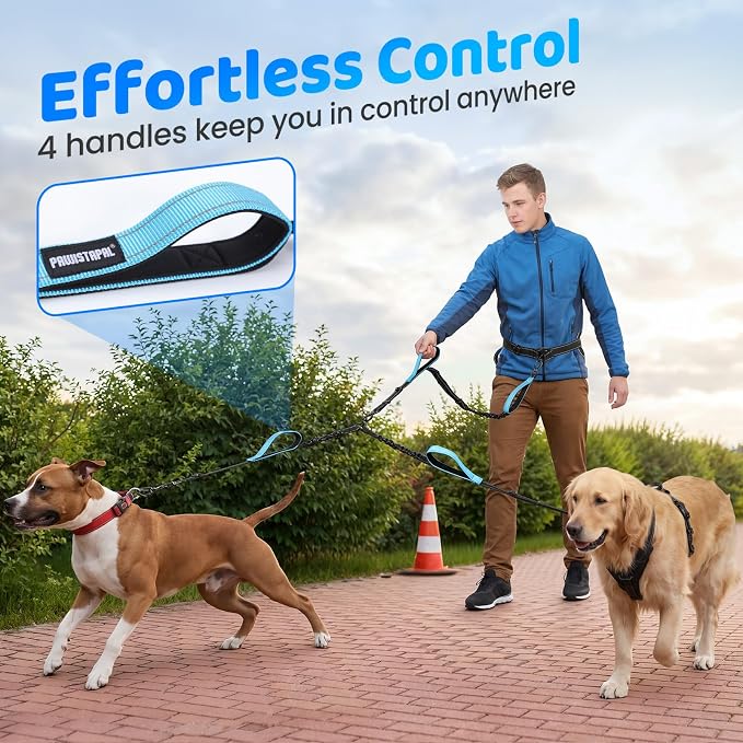Hands Free Leash for 2 Large Dogs, No Tangle Waist Walking Bungee Leash, 6-8 FT Double Dog Leashes(50-150 lbs)