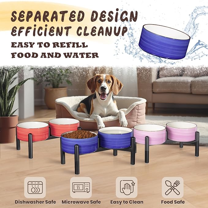 Ceramic Elevated Dog Bowl Set, 6.1''Raised Dog Food and Water Bowl Set with Non-Slip Stainless Steel Stand, Double Raised Dish for Small and Medium Breed, 3.5 Cups / 22 Fl Oz, Green