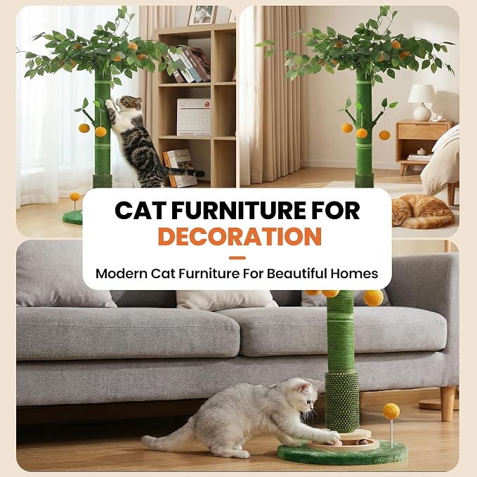 46" Extra Tall Cat Scratching Post for Large Cats, Sisal Rope | Heavy duty vertical sisal scratcher & stable climbing pole with hanging ball, tall post for adult cats full body stretch