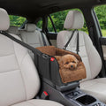 BurgeonNest Center Console Dog Car Seat for Small Pets to 11lbs, Brown | Anti-collapse armrest Console seat with washable fluffy cushion, pillow & tether for stable, cozy pet travel trips.