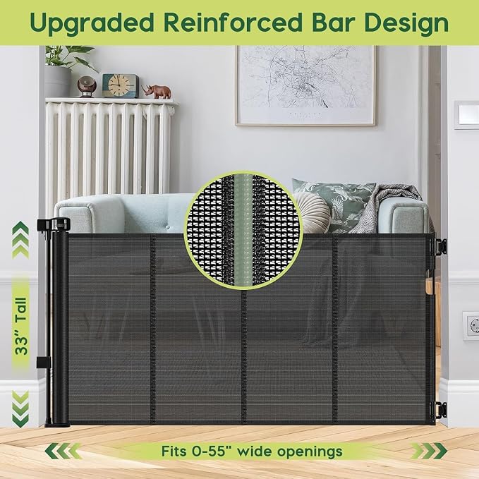 2 Pack Reinforced 55" Wide Retractable Baby Gates with Reinforced Strips, Indoor/Outdoor Retractable Dog Gate for Doorway Prevent Bottom Drilling Through, No Bottom Bar Safety Mesh Baby Gate for Stair