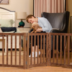 LZRS Wooden Free Standing Dog Gate 60" W x 24" H, Foldable Solid Hardwood Pet Safety Fence for House Doorways, Stairs, Hallways, Step-Over Pet Barrier, No Drill Easy Setup, Oak