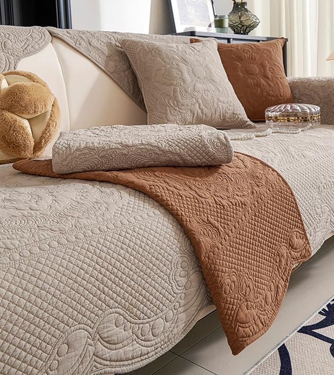 Luxury Vintage Cotton Embroidery Sofa Cover Soft Farmhouse Seat Cushion Cover Floral Quilted Sectional Couch Cover Anti-Slip Sofa Slipcovers Furniture Protector for Dogs Cats (Khaki,28"x70")