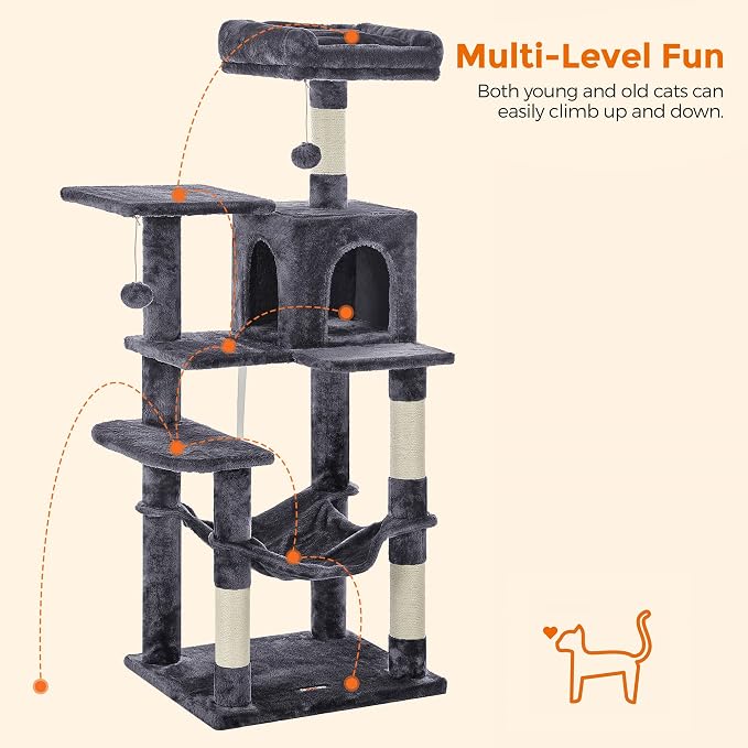 Feandrea Cat Tree, 54.2-Inch Cat Tower, Plush Multi-Level Condo with 4 Scratching Posts, 2 Perches, Hammock, Cave, Smoky Gray UPCT161G01