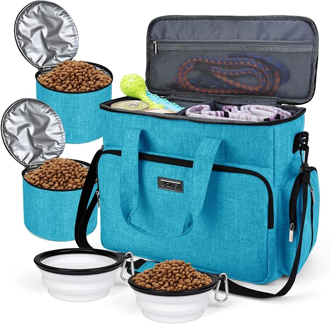 BAGLHER Dog Travel Bag, Pet Travel Bag (ALL Pet Travel Supplies), With 2 Pet Food Containers and 2 Collapsible Silicone Bowls; Essential Kits for Pet Travel Sky Blue