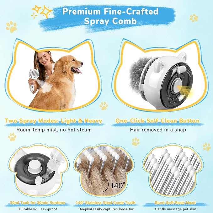 10Pcs Mist Spray Brush Kit for Cats & Dogs, Hair Health & Grooming Set | 100ml Waterless Shampoo, Cat Scratcher w/ Catnip, Nail Clippers, Toothbrush, Comb, Eye Ear Paw Dry Wipes & Gloves, Gift-Set