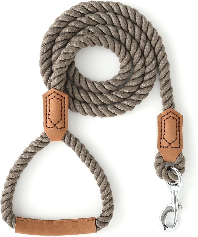 Mile High Life Dog Leash Braided Cotton Rope w/Leather-Wrapped Ends/Handle | Rust-proof 360° swivel clasp, Heavy-duty for medium/large breeds. Great for weddings, daily walks (6 FT, 1/2", Black)