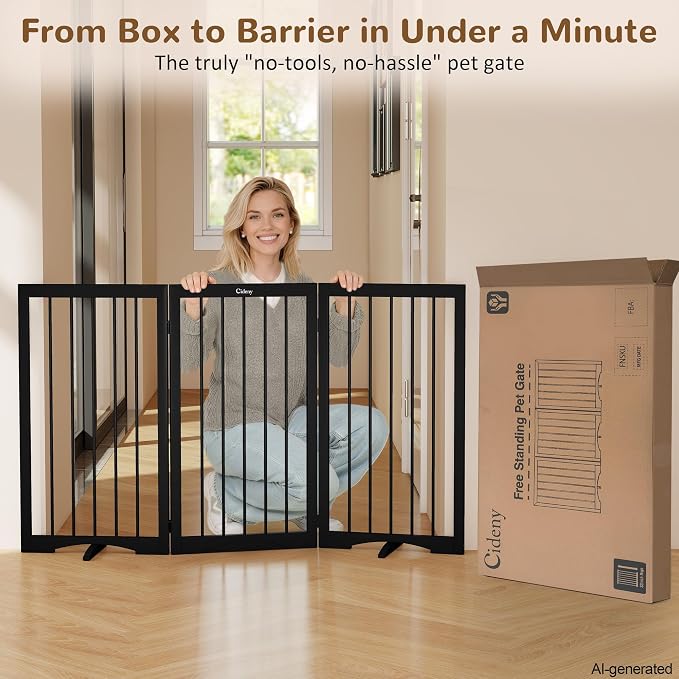 32" Extra Tall Free Standing Dog Gate Indoor, Foldable Pet Gate | for Doorways Stairs, 3-Panel Dog Fence with Support Feet for Stability, Folding Puppy Gate Easy to Carry No Drilling 54"x32"