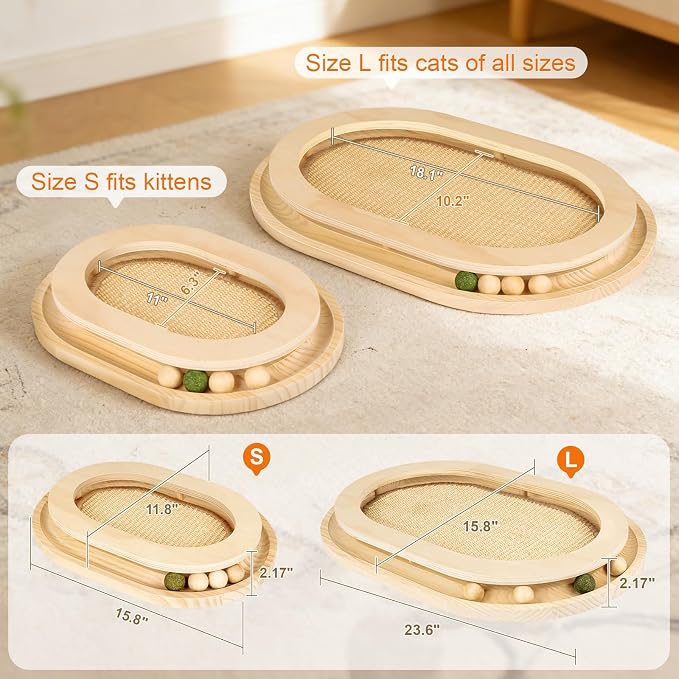 Cat Scratcher, Sisal Scratch Pad with Interactive Ball Track | No Assembly, Natural Sisal, Solid Base, Track with 3 Wooden Balls + 1 Catnip Ball, No Slip Pads, for Cat Exercise Sleep Chase