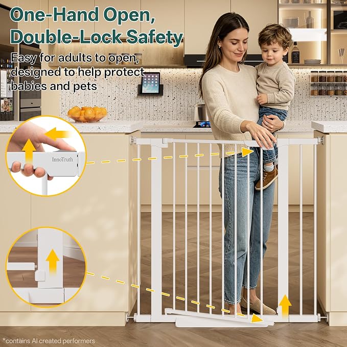 InnoTruth 29.6-39.1 in Wide x 35.5 in High Extra Tall Baby Gate, White | Indoor Metal Dog Gate for Stairs and Doorways, Auto Close Walk Through Door for Pets, Double Lock, Pressure or Hardware Mount