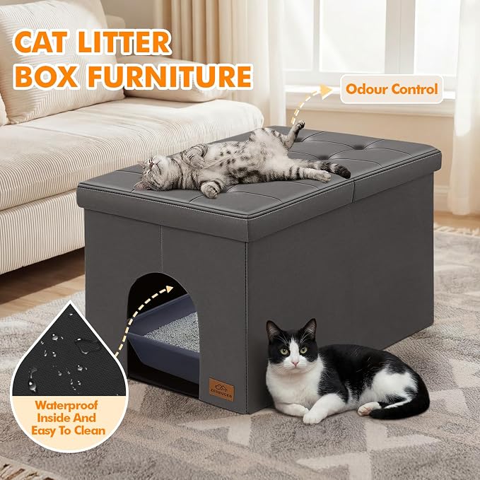 Cat Litter Box Enclosure Furniture for Odor Control,Hidden Cabinet Cat | Litter Box Furniture Ottoman With Flip-Up Lid,Cats Litter Box Bench With Storage Space，Dog Proof (Gray-Faux Leather,X-Large)