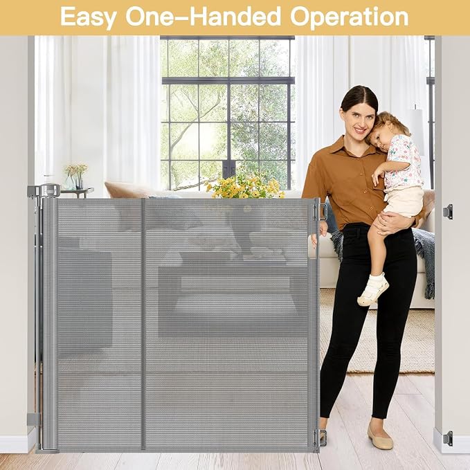 Reinforced 42" Tall x 55" Wide Retractable Baby Gates for Dogs/Easy Install | Indoor/Outdoor Tall Pet Gate, Prevents Crawling Under, Space-Saving, Easy to Use, Scratch-Resistant Mesh, Safety Lock, Gray