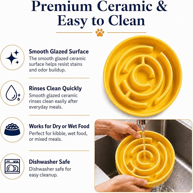Ceramic Slow Feeder Dog Bowl, 1.5 Cup Puzzle Dish for Small Medium Dogs | Glazed ceramic maze bowl with 1.5-cup capacity for dry or wet food, sized for small and medium dogs