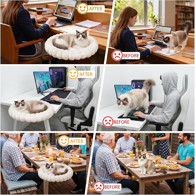 20"x16" Rotatable Foldable Cat Desk Bed - 2 Detachable Washable Mats for Desk Cat Bed, Double Screw Reinforced Support, 50LBS Bearing Capacity | Cat Desk Hammock for Home Office & Gaming Desks (White)