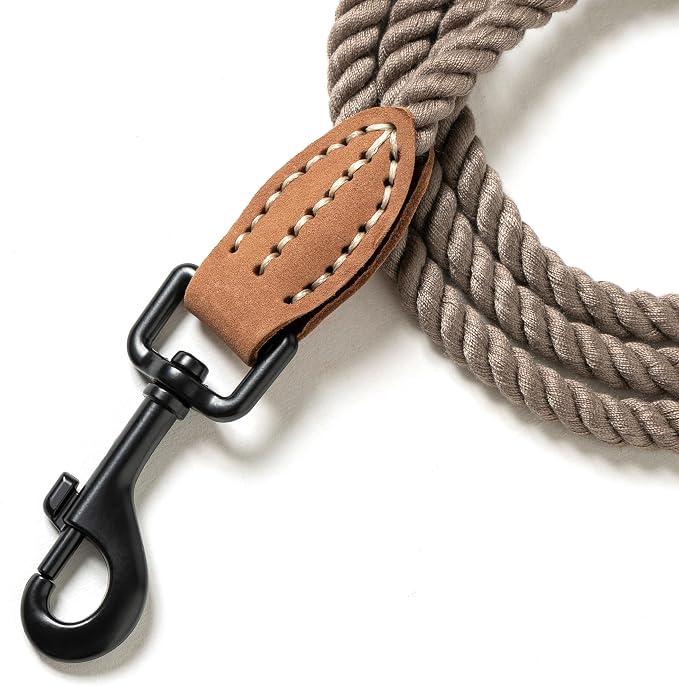 Mile High Life Dog Leash Braided Cotton Rope with Leather-Reinforced Ends | Rust-proof 360° swivel clasp, Heavy-duty for small/medium breeds. Great for weddings, daily walks (5 FT, 1/3", Camel)