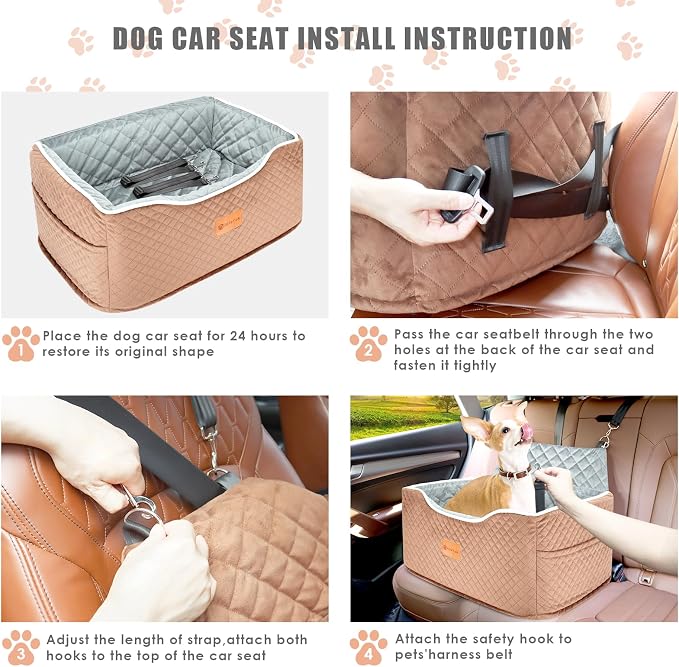 AlfaTok Dog Car Seat, Memory Foam Booster for Medium Dogs up to 45 lbs, Detachable Washable Elevated Travel Bed with Anti-Slip Base and Safety Belt