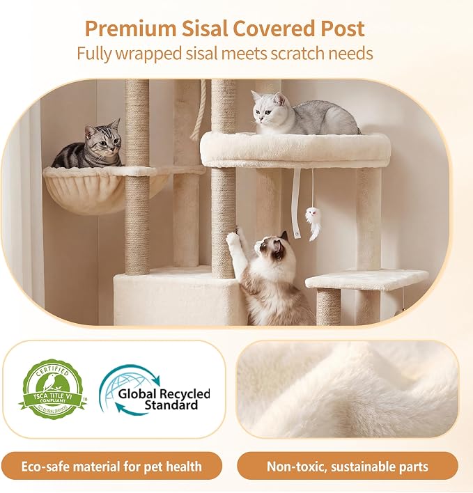 Heybly Cat Tree, 59.4" Secure Anti-Tip Cat Tower for Large Cats HCT055G | Spacious Cat Furniture with Dual-Tier Cat Condo, 2 Top Perches, Hammock and Sisal Scratching Posts, Beige