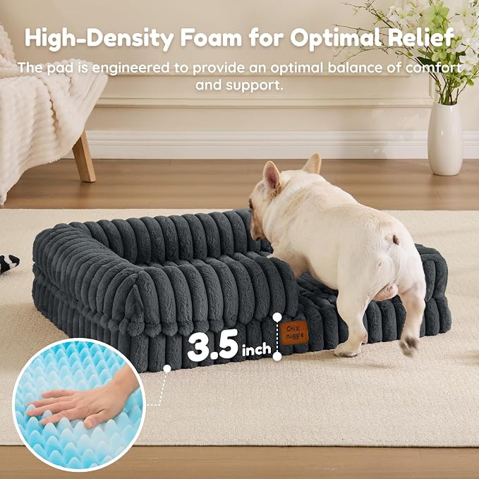 ChiXnuggle Faux Fur Orthopedic Dog Bolster Bed, Waterproof Washable Cover | rectangular dog sofa couch,egg crate foam,non-slip bottom,for small medium dogs,dark grey,30*24*7,puppy bed