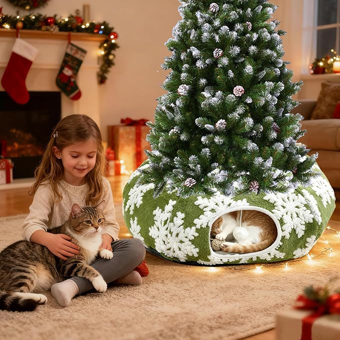 Cat Tunnel Bed for Indoor Cats - Soft Plush Donut Tunnel Bed with Snowflake Design & Washable Anti-Slip Mat, Multifunctional Playground Toys for Cats, Kittens & Small Pets.(Green)