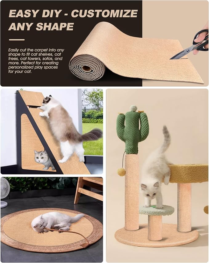 Cat Scratch Furniture Protector, Trimmable Self-Adhesive Carpet, DIY Climb Cat Scratcher Mat for Covering Cat Tower and Couch Protector from Cat Claws（Beige）